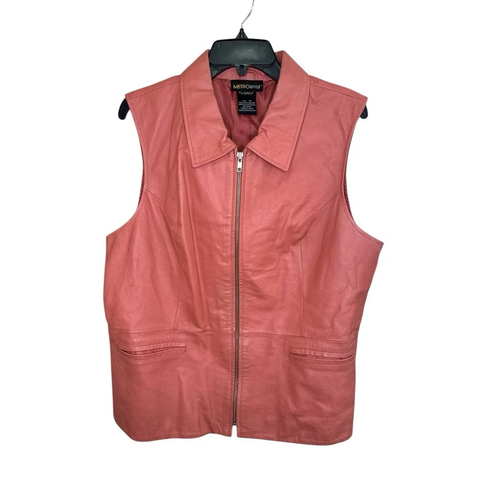 MetroStyle Rose Coral Genuine Leather Vest Y2K Full Zip Moto Utility Women’s 18